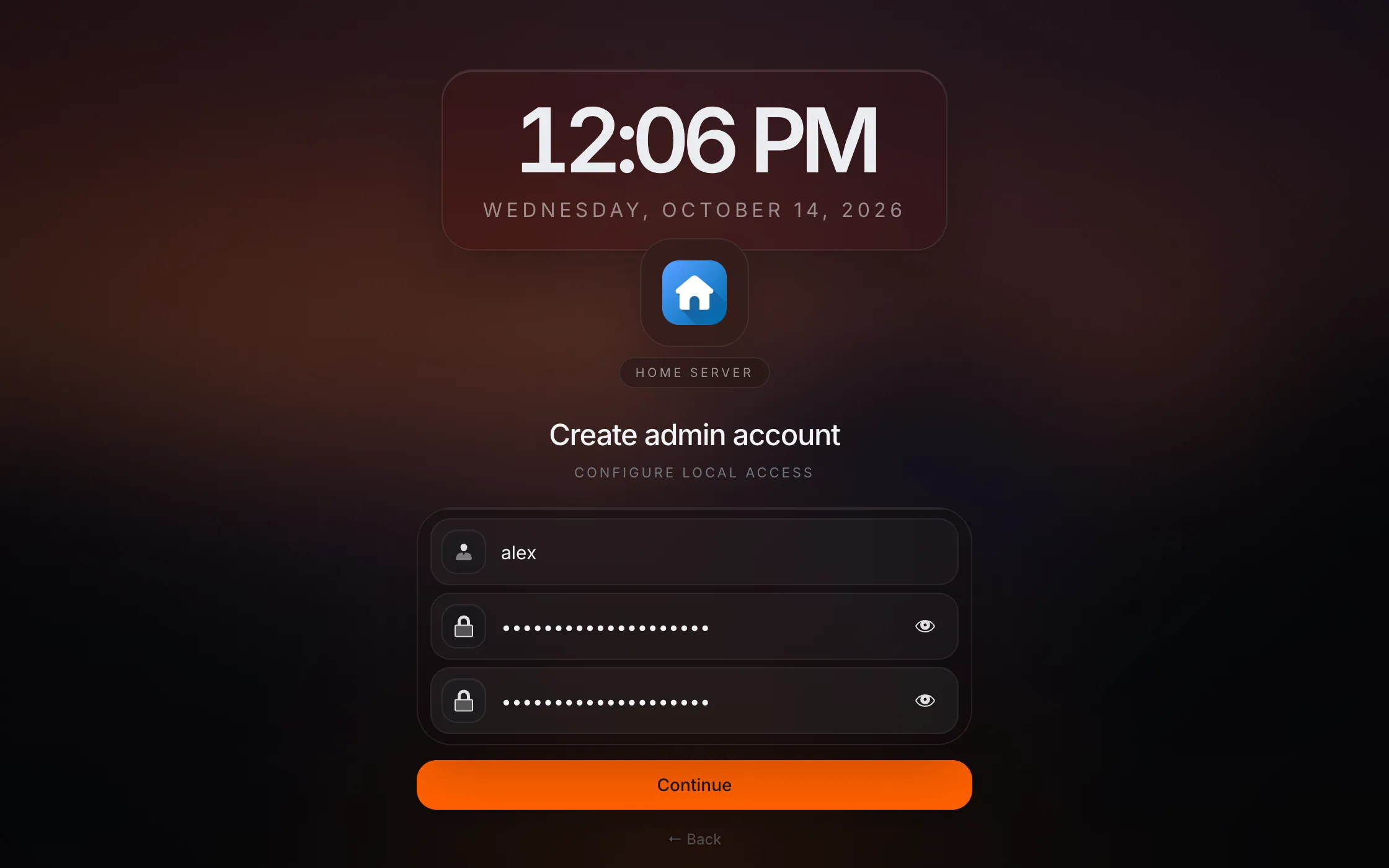Create admin account form in Homeio with username and password fields