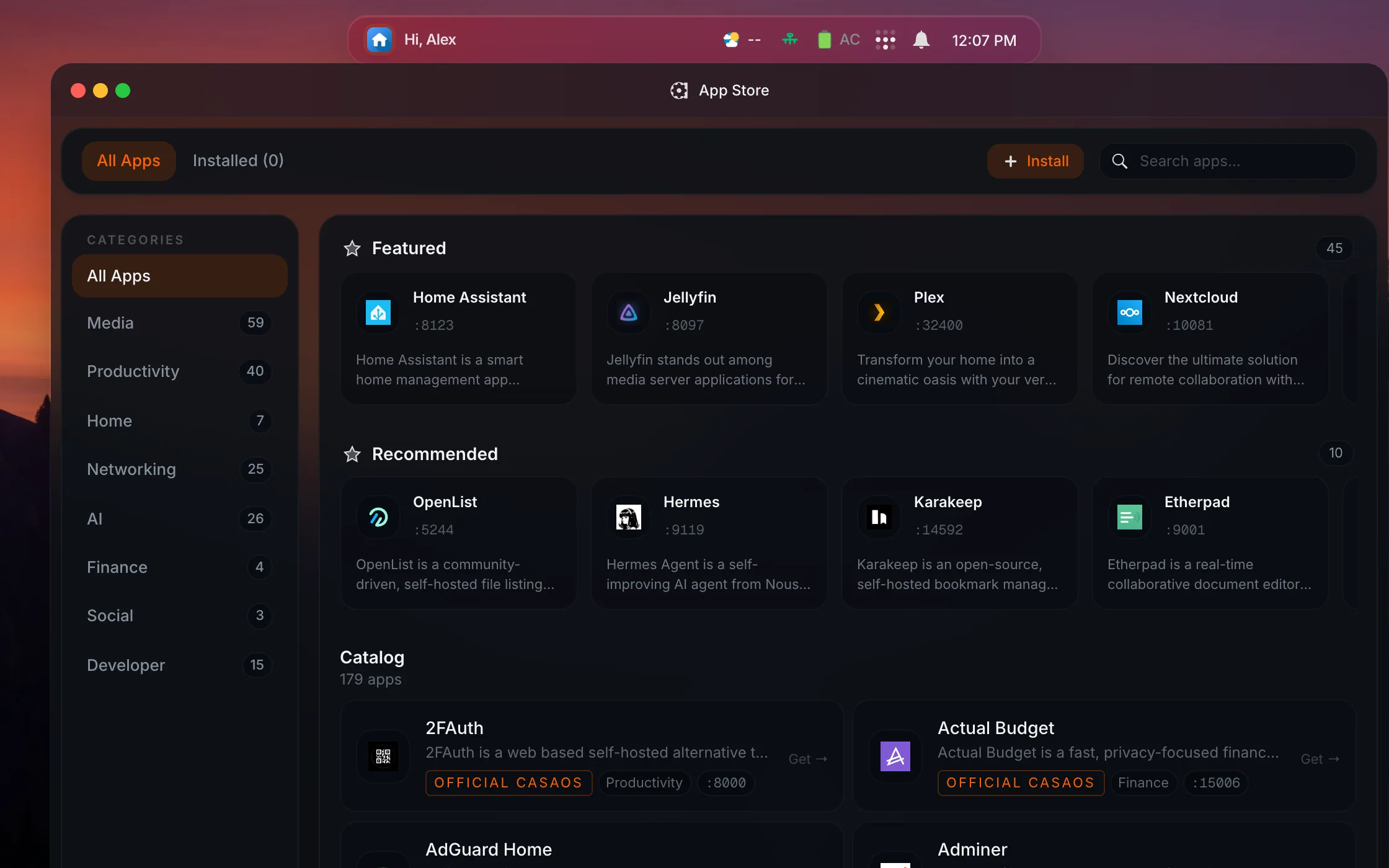 Homeio App Store with featured apps such as Home Assistant, Jellyfin, Plex and Nextcloud