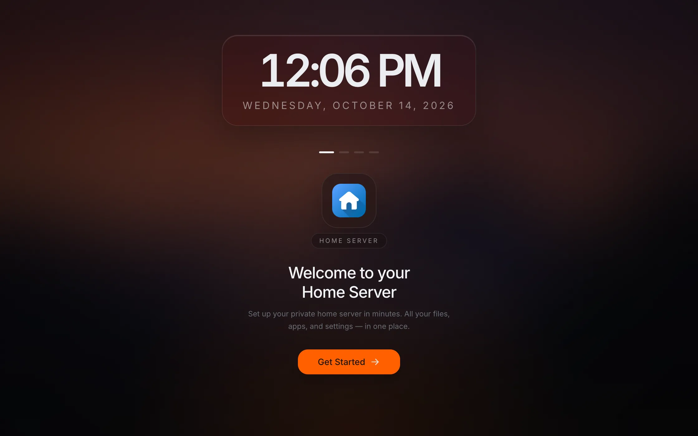 Homeio welcome screen with a Get Started button on a freshly installed home server