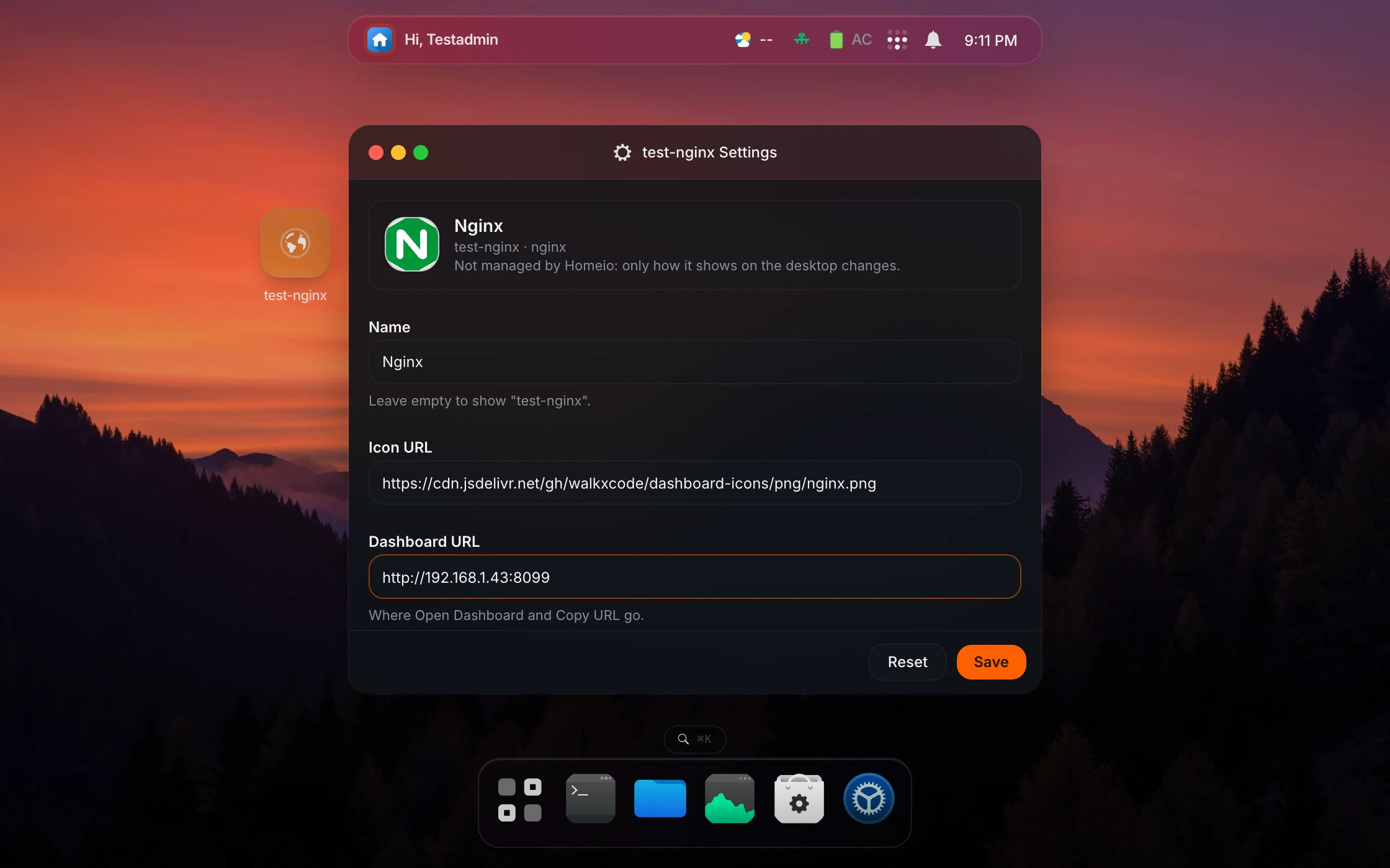 App Settings for a container started outside Homeio, with a name, an icon URL and a dashboard URL
