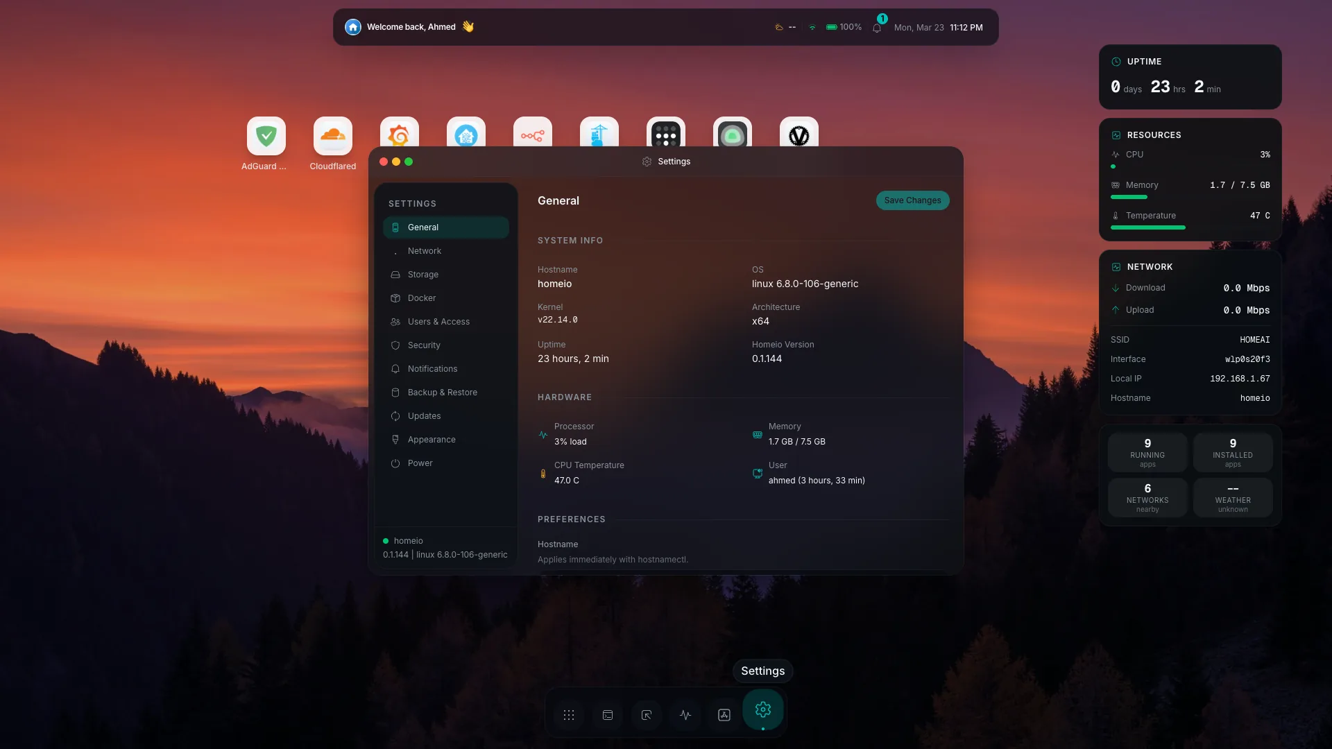 Homeio Settings showing server configuration options